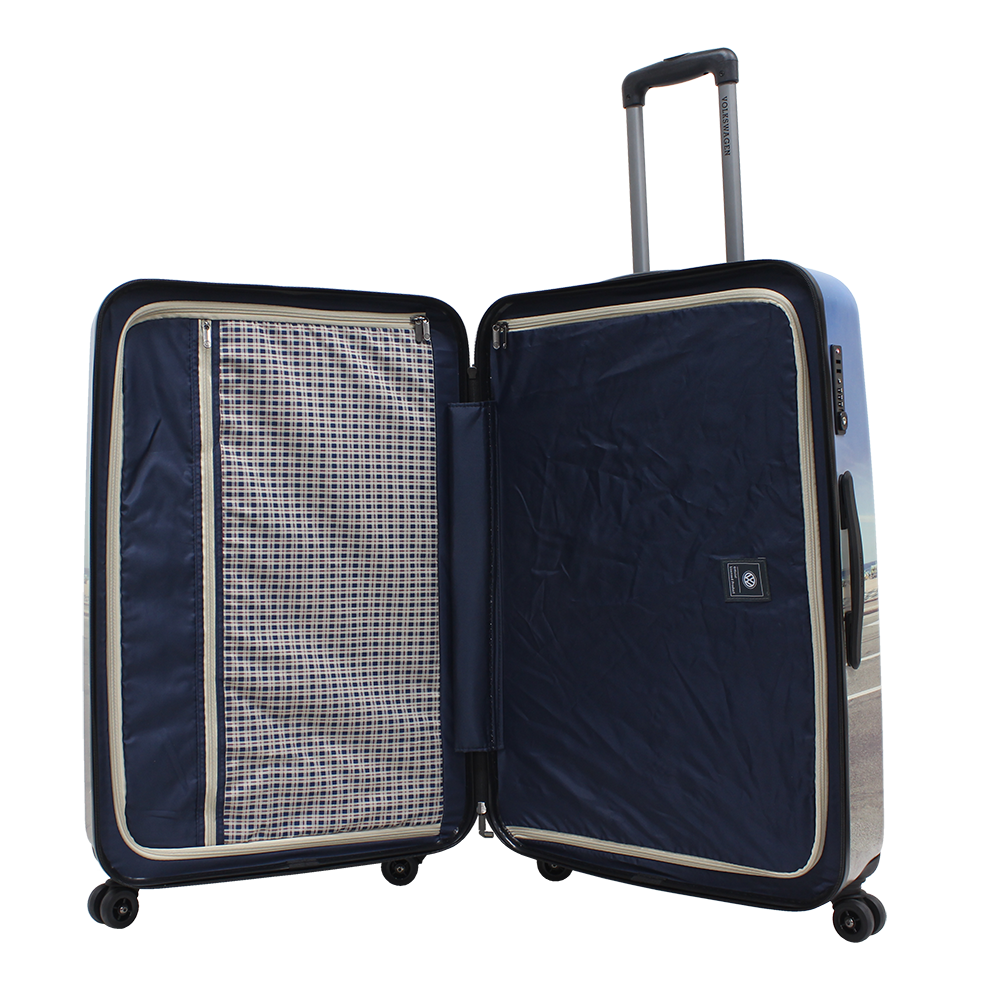 interieur van een bedrukte VW koffer.